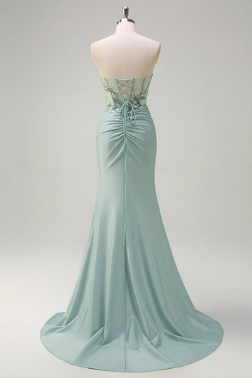 Sparkly grigio verde sirena senza spalline paillettes corsetto increspato lungo Abito da cerimonia con fessura